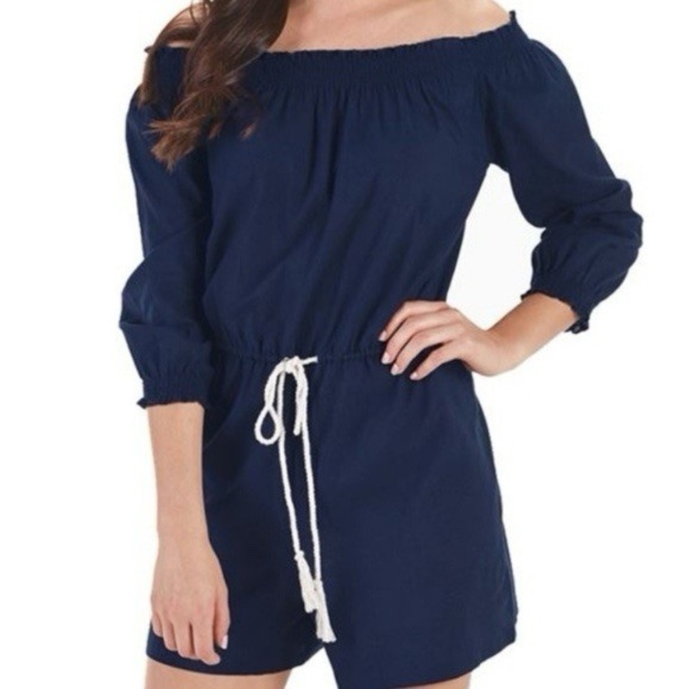 Mudpie Women's Navy Off-Shoulder Cinch-Waist Romper Size Large‎